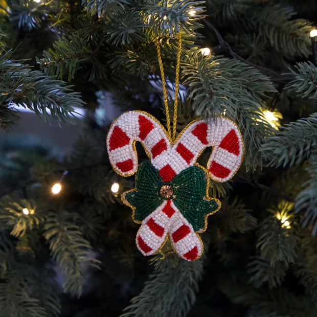 Beaded Candy Cane Hanger - Red